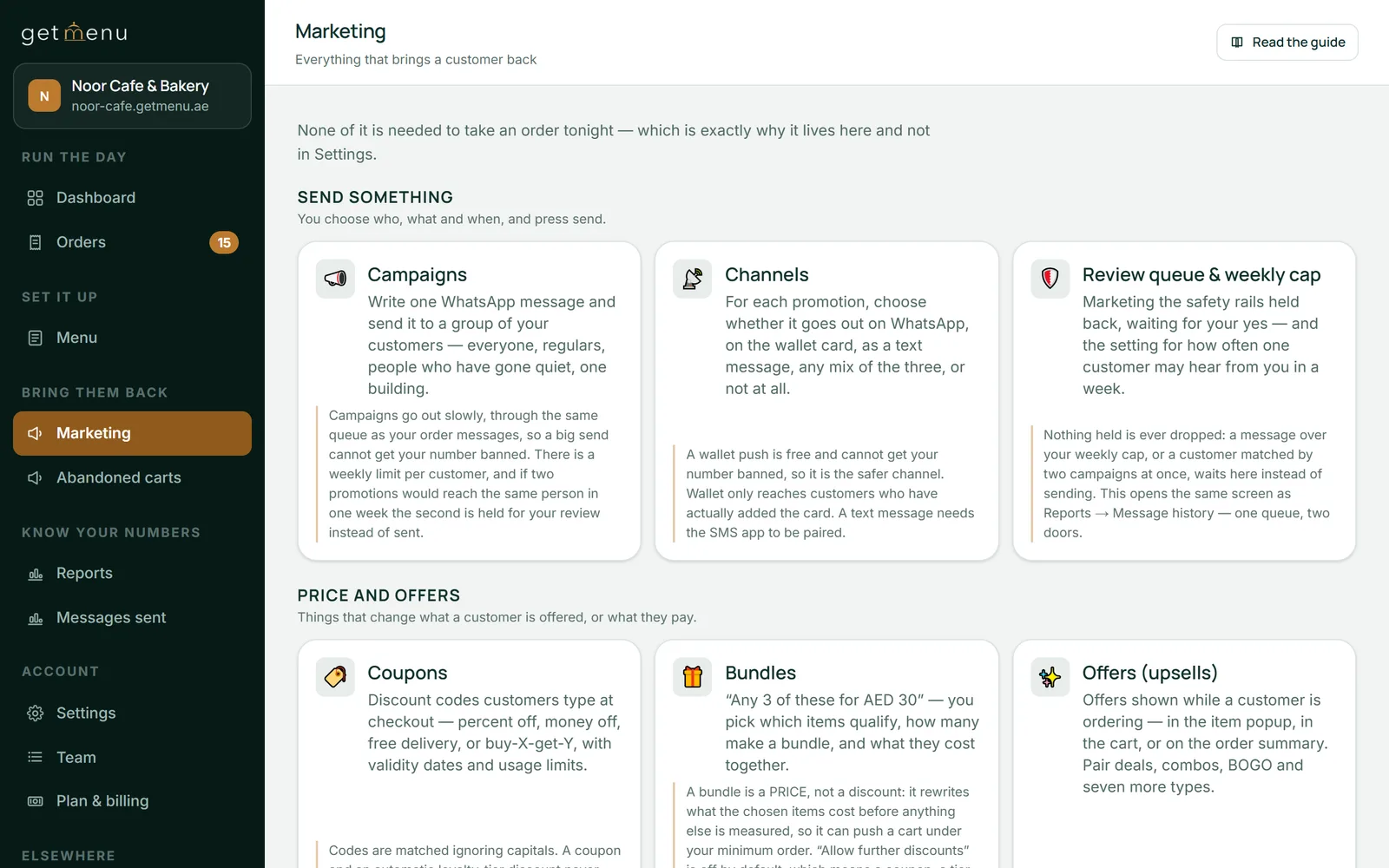 The Marketing page of the GetMenu dashboard for Noor Cafe & Bakery, the demo restaurant. Under Send something are cards for Campaigns, which sends one WhatsApp message to everyone, regulars, people who have gone quiet or one building, Channels, and Review queue & weekly cap. Under Price and offers are cards for Coupons, Bundles and Offers (upsells).