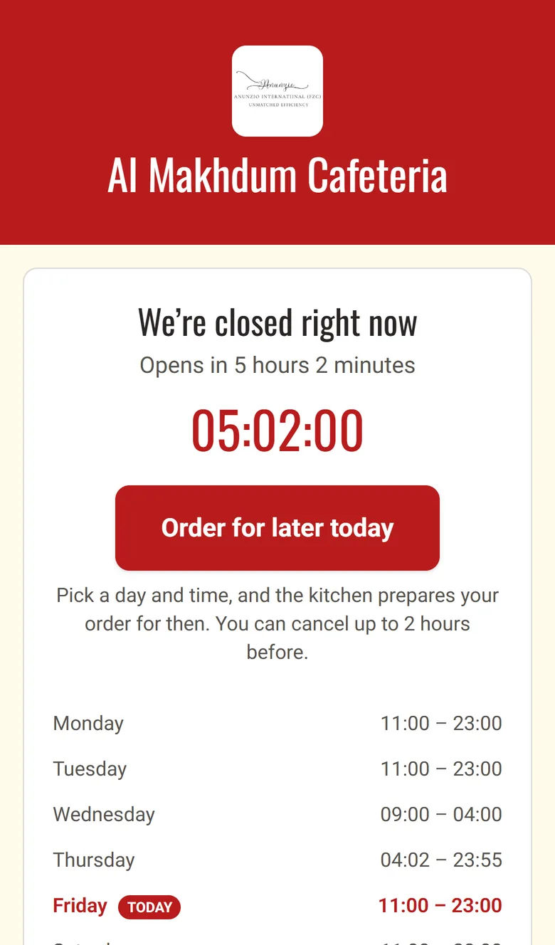 A closed restaurant still takes orders for later: the customer picks a day and time