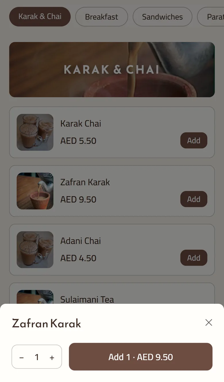 A GetMenu ordering page on a phone with the Karak & Chai category open. The Zafran Karak dish is open at the bottom, with a button to change the quantity and an Add button that shows the price.