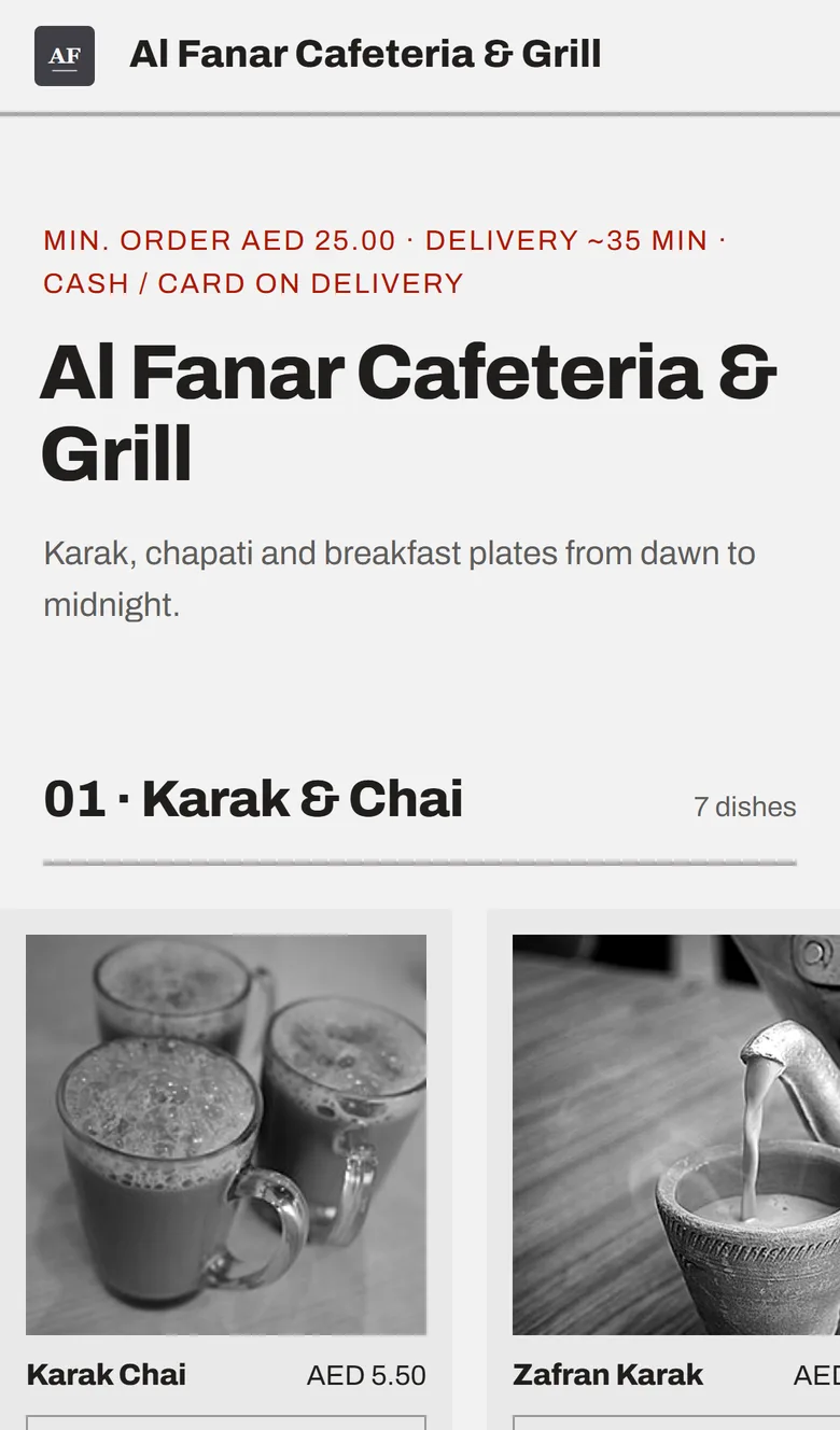 A demo cafeteria's ordering page on a phone in the Carousels layout. At the top is a line with the minimum order, the delivery time and cash or card on delivery, then the cafeteria's name and a one-line description. Below, the Karak & Chai section shows two drinks in large black and white photos, each with its name and price.