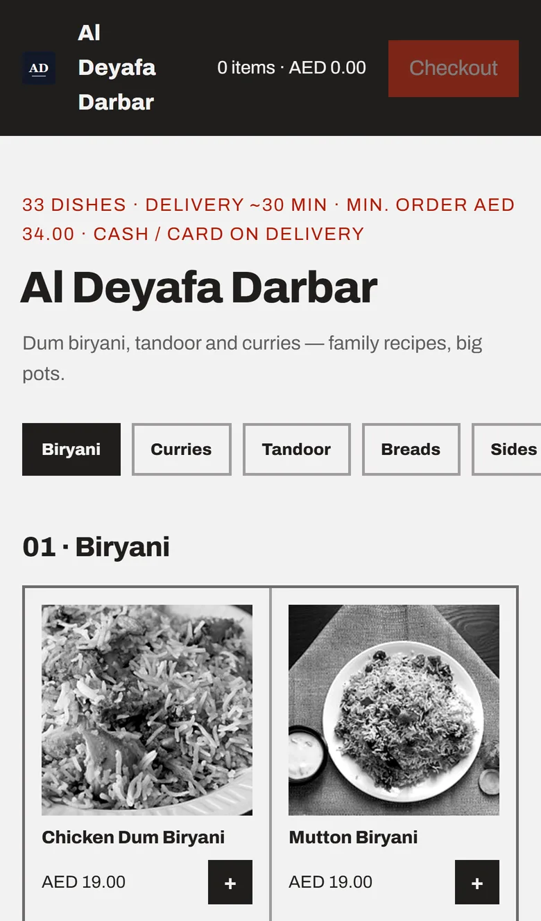 A demo restaurant's ordering page on a phone, in a layout with two columns of dish photos. At the top are the restaurant's logo, an empty cart and a Checkout button. Below are a line with the number of dishes, the delivery time, the minimum order and cash or card on delivery, the restaurant's name and a one-line description, category buttons, and two biryani dishes with photos, prices and add buttons.